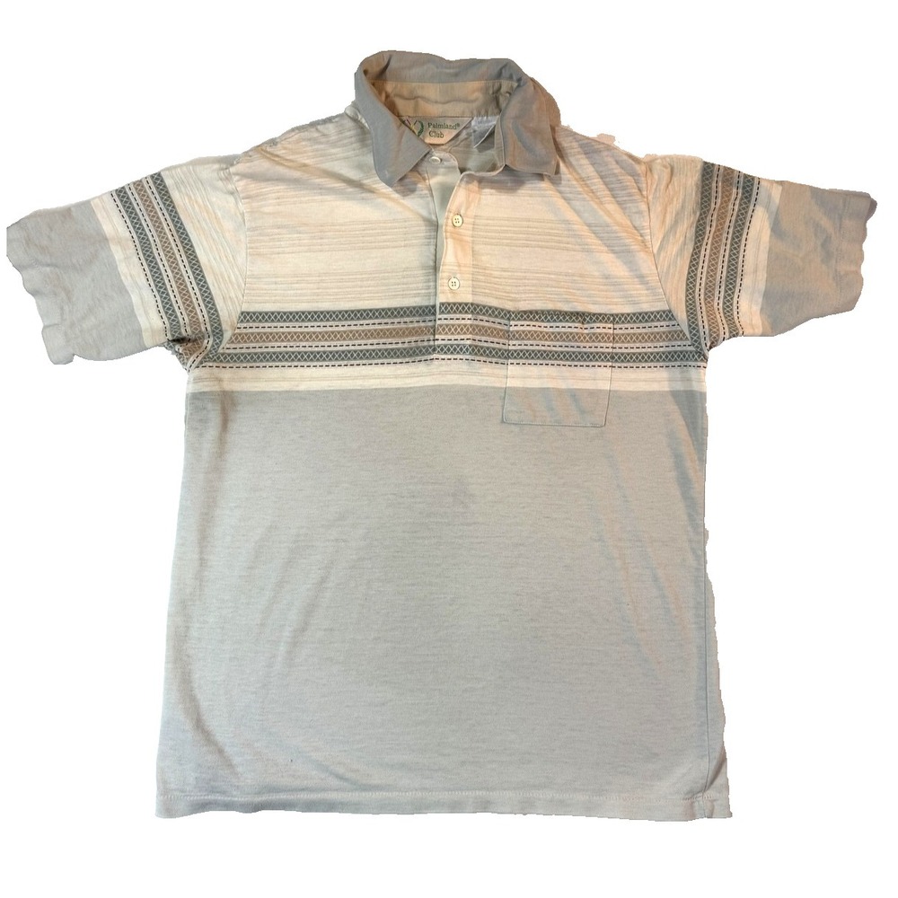VTG 90s Palmland‎ Club Polo Shirt Mens Medium Gray Striped Knit Golf Dadcore